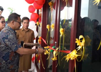 Penjabat Bupati Mappi, Michael R. Gomar S.STP.,M.Si meresmikan gedung baru kantor Distrik Obaa.