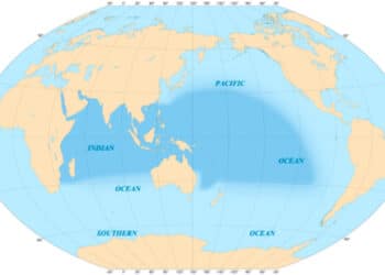 Wilayah biogeografis Indo-Pasifik, ditunjukkan oleh warna biru tua