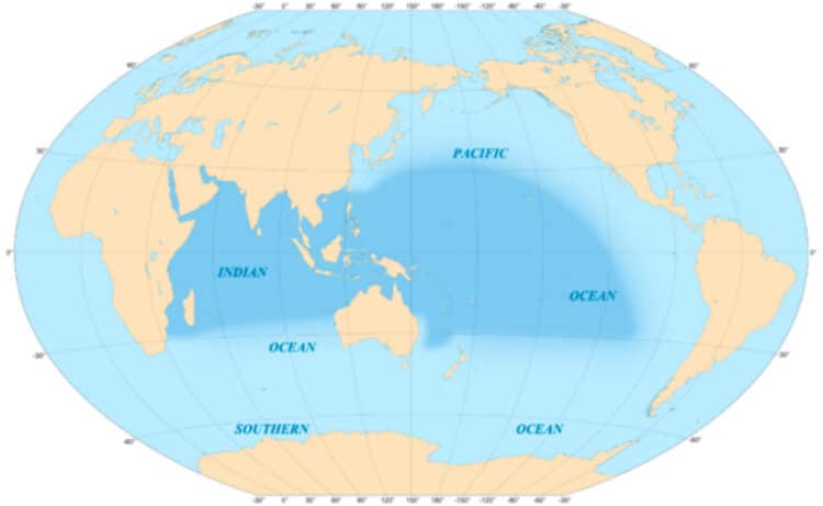 Wilayah biogeografis Indo-Pasifik, ditunjukkan oleh warna biru tua