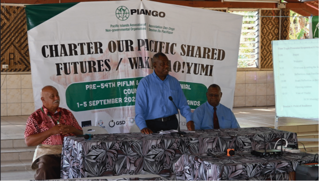 Chief Guest Honourable William Atu Premier of Guadalcanal Province centre during the opening ceremony of the PIANGO council meeting 1024x581 1