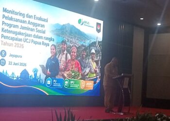 Wakil Gubernur Provinsi Papua, Aryoko Rumaropen saat menyampaikan sambutan di acara Monitoring dan evalusi pelaksanaan anggaran program Jamsostek tahun 2026 di Kota Jayapura, Papua, Senin (22/06/2026).-Jubi/Silpester Kasipka